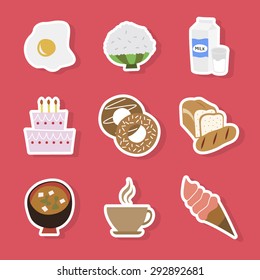 Nine vector colorful Icons, egg, rice, milk, birthday cake, donuts, bread, coffee, ice-cream,  doenjang soup(bean paste soup) for food, vegetable stickers, symbol, icon, pattern, background.