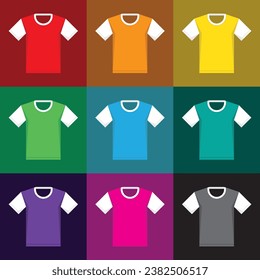 Nine vector colorful t-shirts with white short sleeves and a collar.