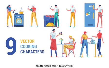 Nueve personajes de cocina vectorial en cocina y hogar. Chica de Stove Sostén la tapa de Skillet, anciana con Bowl y Whisk. Cocina de Barbacoa, Hombre con Cristal, Guy Open Fridge con Cuchilla.