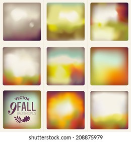 Nine vector fall themed abstract backgrounds | Vector set of nine autumn colorful backgrounds