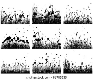 Nine vector grass silhouettes backgrounds. All objects are separated.