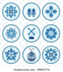 Nine vector icons in dutch style with seamless pattern background. All objects are in separate layers.