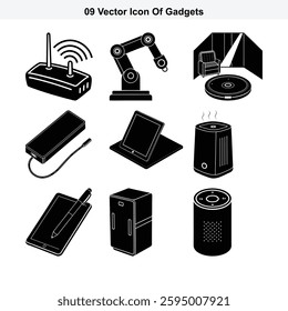 Nine Vector Icons of Modern Smart Gadgets and Home Appliances