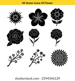 Nine vector icons of various flowers black silhouettes botanical illustrations floral designs