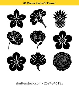 Nine vector icons of various flowers botanical illustrations floral silhouettes graphic design elements