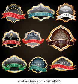 nine vector labels for various products like food and beverage