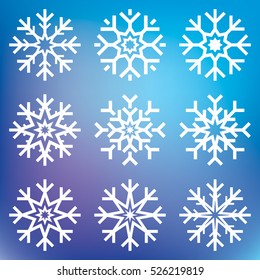 Nine vector snowflakes set on blue mesh background, winter icons silhouette, ice stars, vector elements for your holiday design projects
