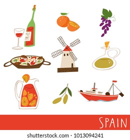 Nine vector symbols of Spain. Culture, food, ship  and archtecture. 
