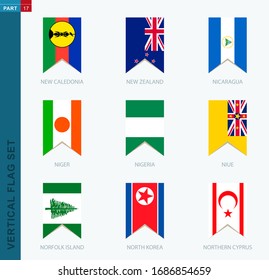 Nine vector vertical flag set. Vertical icon with flag of New Caledonia, New Zealand, Nicaragua, Niger, Nigeria, Niue, Norfolk Island, North Korea, Northern Cyprus
