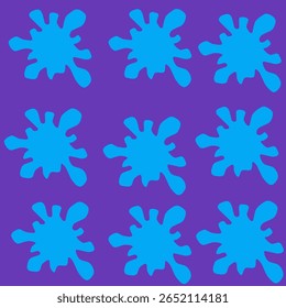  Nine vibrant blue paint splatters are arranged in a 3x3 grid against a rich purple background, creating a playful and artistic pattern.
