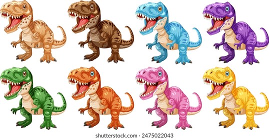 Nueve dinosaurios vibrantes en varios colores