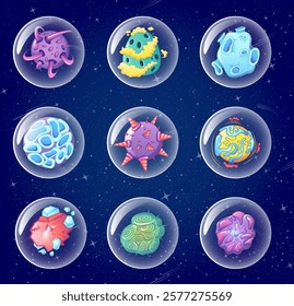 Nine vibrant planets encased in transparent bubbles float against a deep blue starry backdrop, showcasing various alien landscapes and textures with bright colors and shapes.