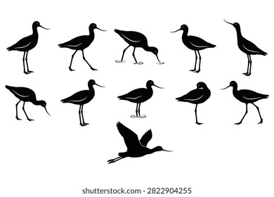 Nine wading bird silhouettes in different standing poses with one in flight