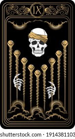 Nine of wands. Card of Minor arcana black and gold tarot cards. Tarot deck. Vector hand drawn illustration with scull, occult, mystical and esoteric symbols. svg