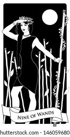 Nine of wands. Tarot cards. Young woman looking away, holding a wand surrounded by flowers and leaves; Eight sticks in the background.