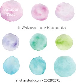 Nine Watercolor drops on white background. Subtle, pastel watery shades and hues. Each color isolated on white.