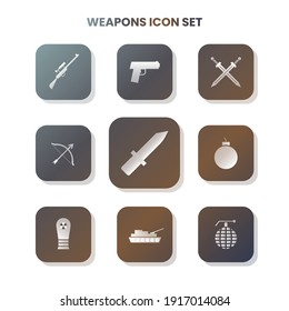 Nueve iconos de ARMAS en un conjunto con color blanco sobre degradado y fondo blanco. Ilustración del vector