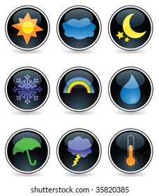 Nine weather icons on glossy black buttons