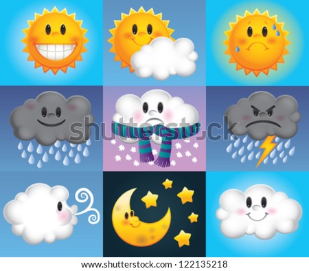 Nine weather symbols which are made up of cartoon suns, clouds and moons with cute faces