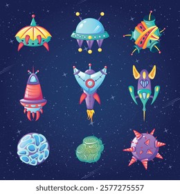 Nine whimsical spaceships and planets float in a starry sky. Each ship has unique colors and shapes, vividly illustrating a playful exploration of outer space.