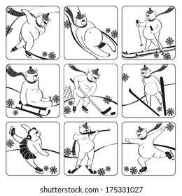 Nine white bear plays a winter sport : sprint,Luge,skis,sledges,ice hockey,ski jumping,figure skating,biathlon. Bicolor Screensavers,icons. Vector humorous illustration.