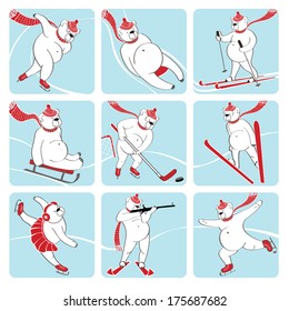 Nine white bear plays a winter sport : sprint,Luge,skis,sledges,ice hockey,ski jumping,figure skating,biathlon. Screensavers,icons. Humorous illustration.
