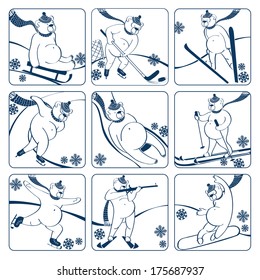 Nine white bear plays a winter sport : sprint,Luge,skis,sledges,ice hockey,ski jumping,figure skating,biathlon,snowboard. Screensavers,icons. Vector humorous illustration.