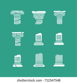 Nine white destroyed columns on green background