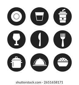 Nine white food-related icons, including plate, glass, knife, fork, and pot, are arranged in a 3x3 grid against black circular backgrounds.