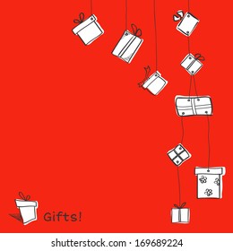 Nine white sketch hanging gift boxes on red background