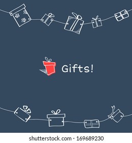 Nine white sketch hanging gift boxes on dark background