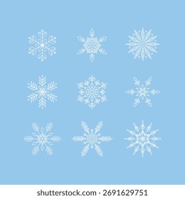 Nueve diseños blancos del copo de nieve en el fondo azul claro aislado en el fondo blanco