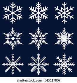 nine white snowflakes set on a dark blue background icon winter crystal snow vector