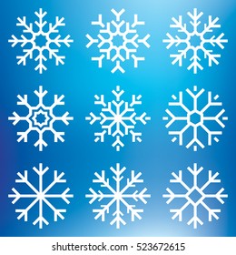 Nine white vector snowflakes set on blue mesh background, winter icons silhouette, element for your holiday design projects