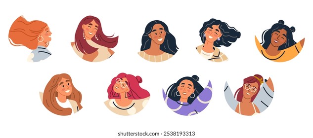 Nueve mujeres con peinados variados y expresiones faciales sonrientes y posando. Cada mujer tiene un estilo único Ideal para celebrar la diversidad, el empoderamiento femenino, la belleza y la moda y las tendencias del cabello