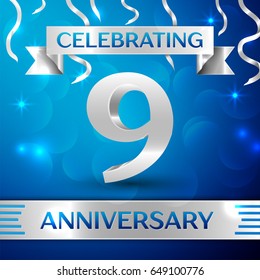 Nine Years Anniversary Celebration Design. Confetti and silver ribbon on blue background. Colorful Vector template elements for your birthday party. Anniversary ribbon