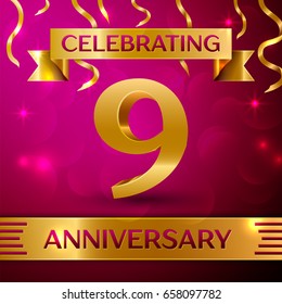 Nine Years Anniversary Celebration Design. Confetti and golden ribbon on pink background. Colorful Vector template elements for your birthday party. Anniversary ribbon