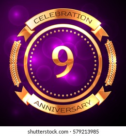 Nine years anniversary celebration with golden ring and ribbon on purple background.