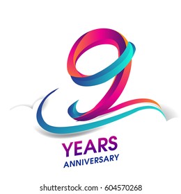 nine years anniversary celebration logotype blue and red colored. 9th birthday logo on white background.