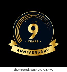 Nine Years Anniversary Gold and Black Design Isolated Vector
