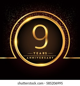 nine years birthday celebration logotype. 9th anniversary logo with confetti and golden ring isolated on black background, vector design for greeting card and invitation card.