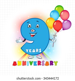 Nine years old animated logotype. 9 anniversary funny logo. Kids birthday colored card with personified digit, many bright celebrating congratulating balloons. Entertaining or kid's greetings.