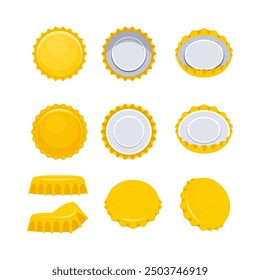 Nine yellow bottle caps lying in different positions, isolated on white background