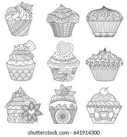 Nine zendoodle design of cupcakes on white background for adult and kids coloring book page and design element. Vector illustration