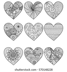 Nine zendoodle stylized hearted shape for adult coloring book page,Valentine's card, wedding invitation