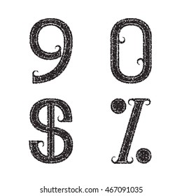Nine, zero black numbers, dollar and percent sign of grainy texture. Font in grunge style.