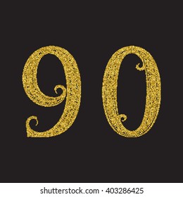 Nine, zero golden glittering numbers. Vintage font with gold halftone effect.