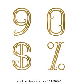 Nine, zero golden numbers, dollar and percent sign. Font of lines with flourishes in art deco style.