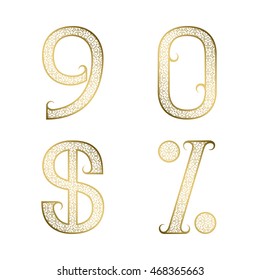 Nine, zero golden ornamental numbers, dollar and percent sign with flourishes. Decorative patterned vintage font.