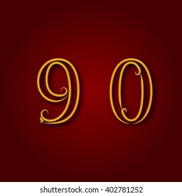 Nine, zero golden vintage numbers with shadow. Numbers of lines with flourishes. Font in royal style.